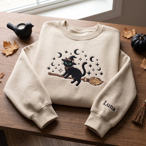 Black Cat Broomstick Moon Custom Name embroidered sweatshirt — front view