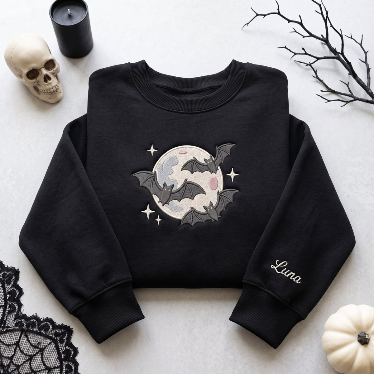 Bats Flying Full Moon Night Custom Name embroidered sweatshirt — front view
