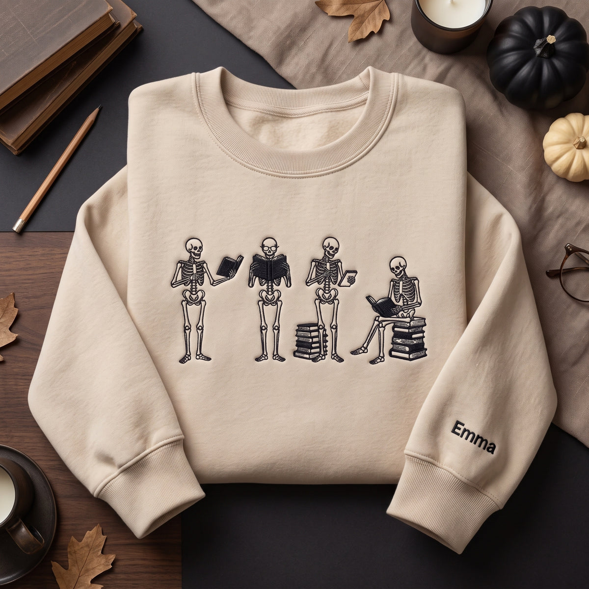 Skeletons Reading Books Stacks Custom Name embroidered sweatshirt — front view