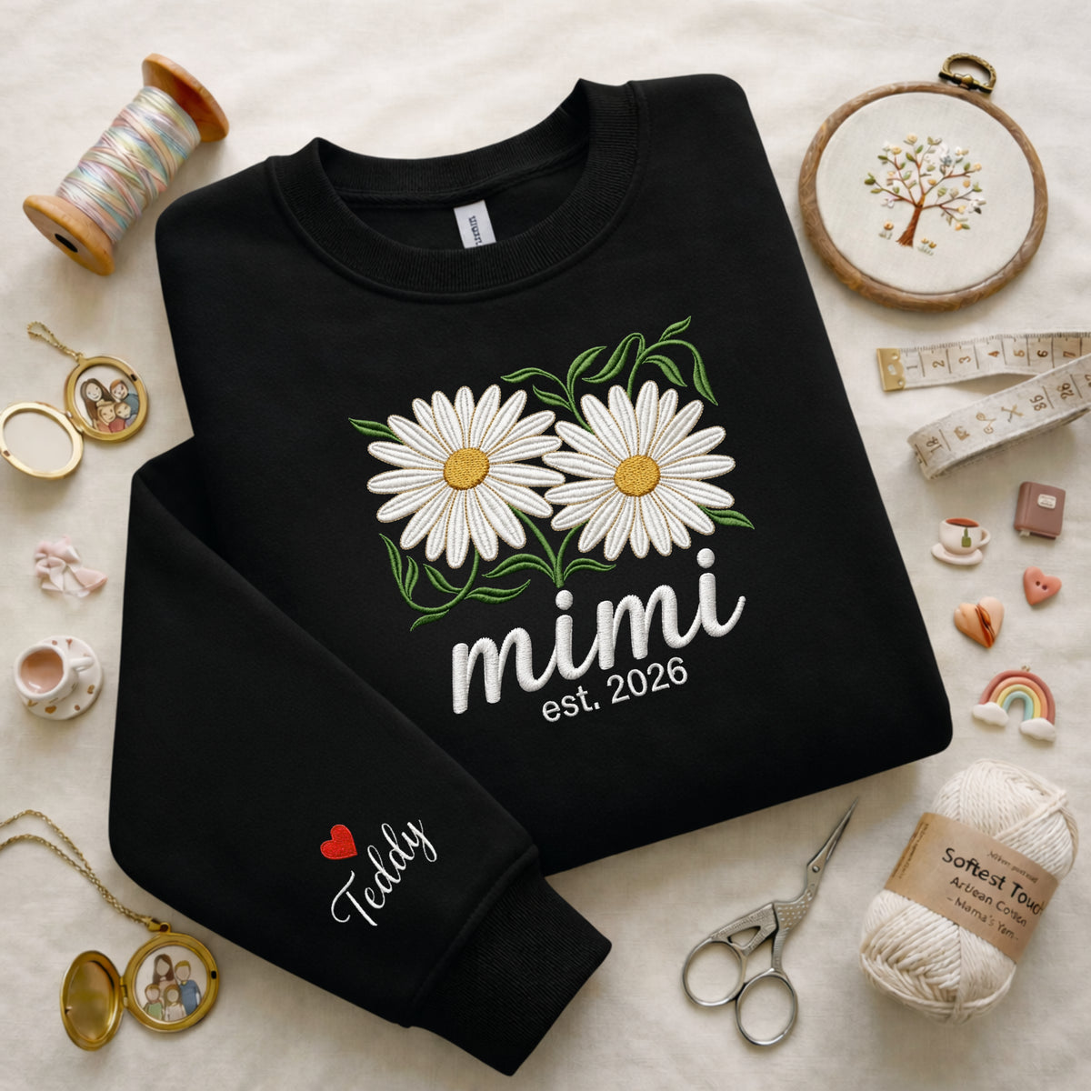 Custom Nickname Daisies EST 2026 embroidered sweatshirt — front view