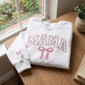 Mama Varsity Arch Ribbon Bow Coquette embroidered sweatshirt — front view