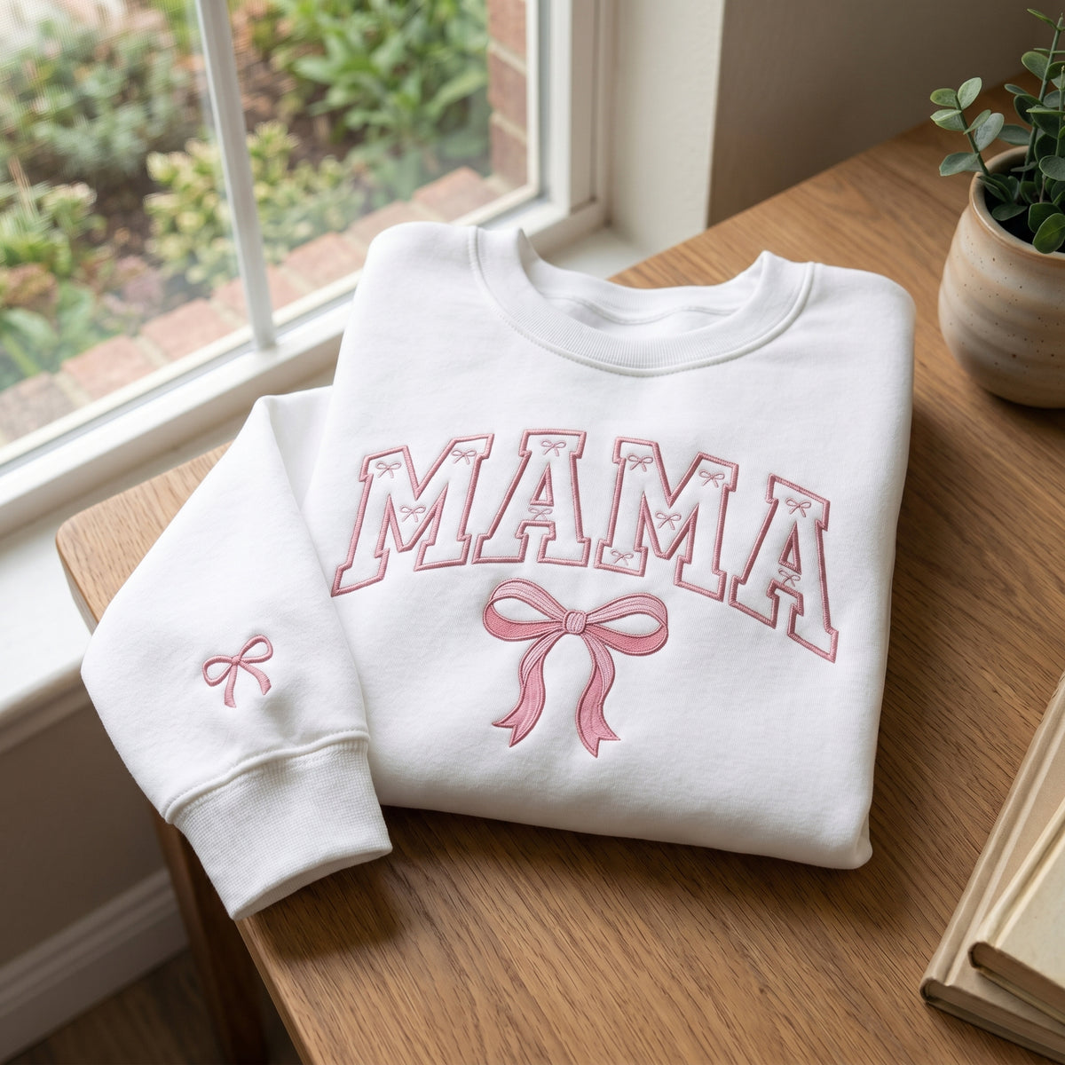 Mama Varsity Arch Ribbon Bow Coquette embroidered sweatshirt — front view