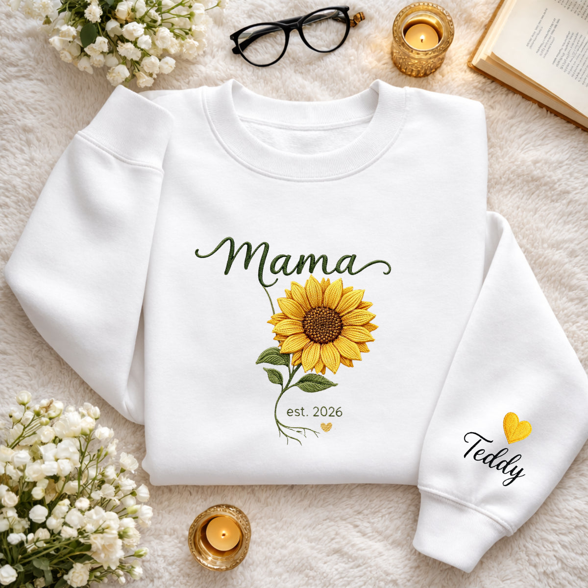 Mama Sunflower Roots EST 2026 Custom Name embroidered sweatshirt — front view