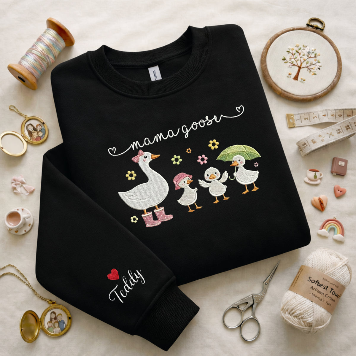 Mama Goose Goslings Umbrella Boots Custom Name embroidered sweatshirt — front view