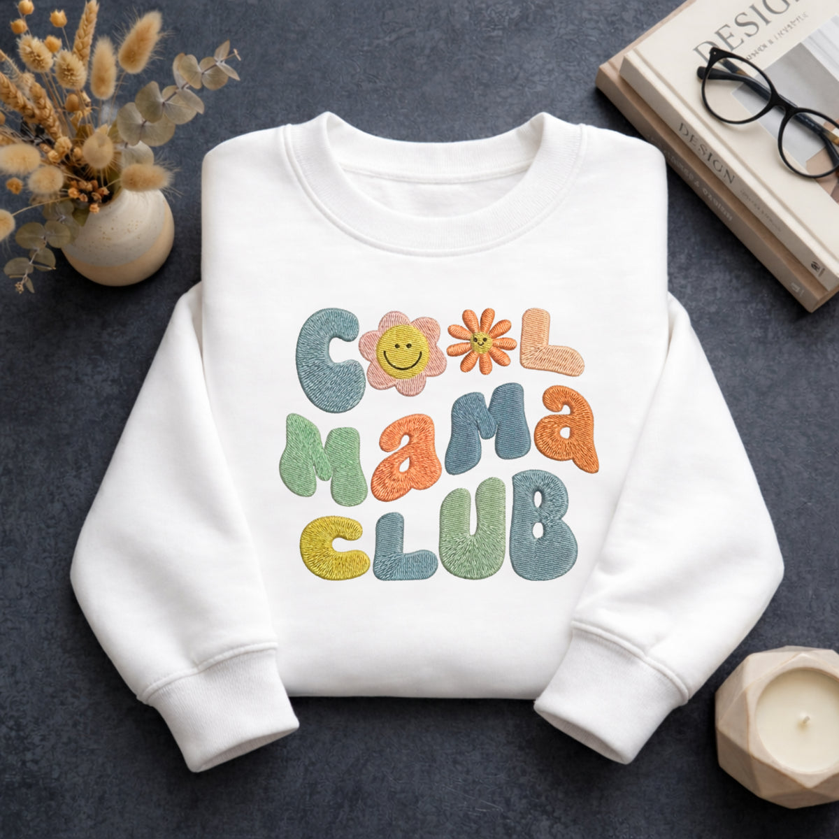 Cool Mama Club Retro Bubble Daisy Smile embroidered sweatshirt — front view