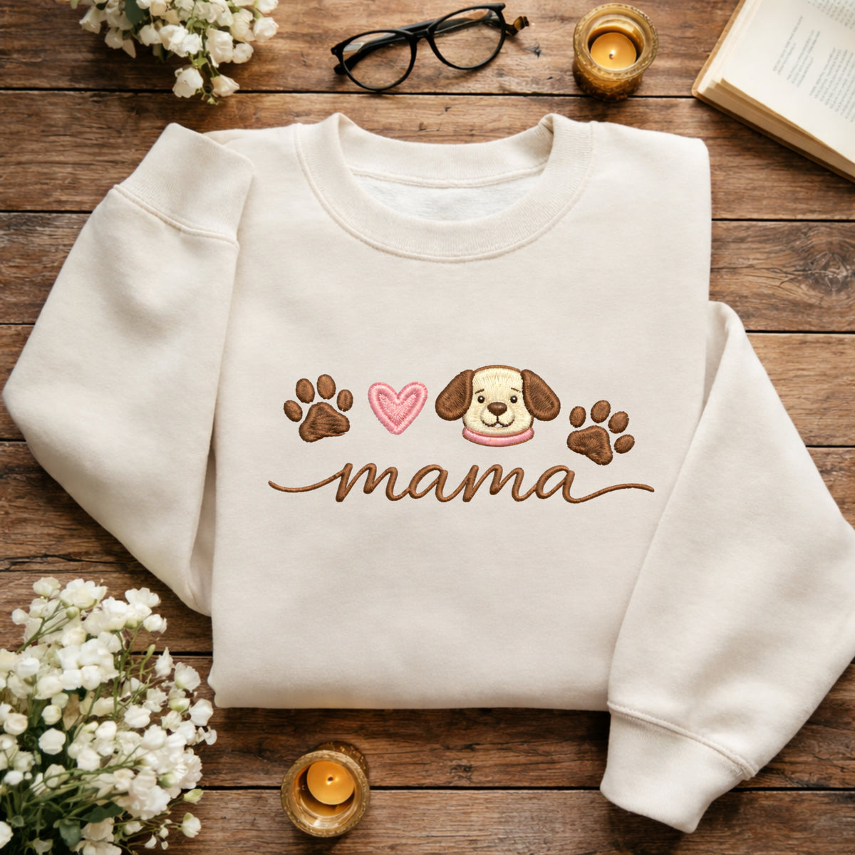 Dog Mama Puppy Face Paw Print Script embroidered sweatshirt — front view