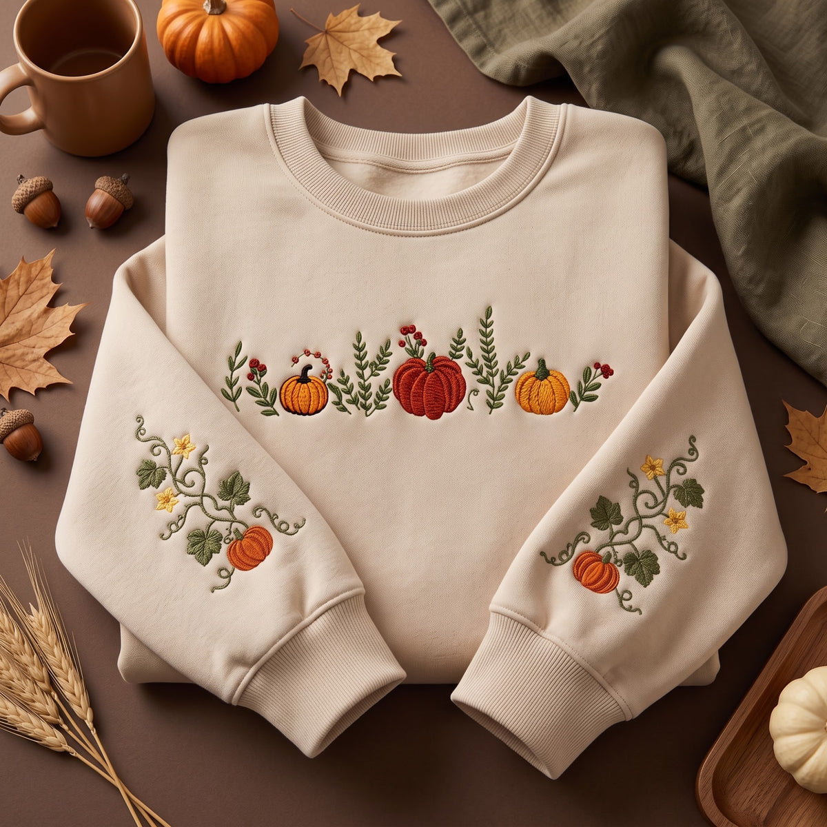 Pumpkin Season Four Pumpkins Vine Sleeves embroidered sweatshirt — front view