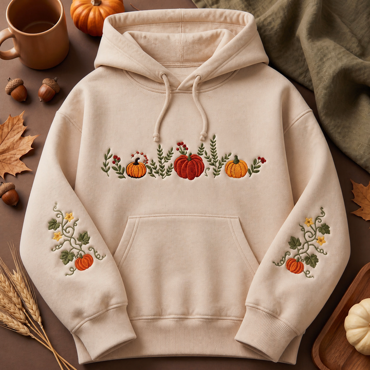 Pumpkin Season Four Pumpkins Vine Sleeves Embroidered Hoodie