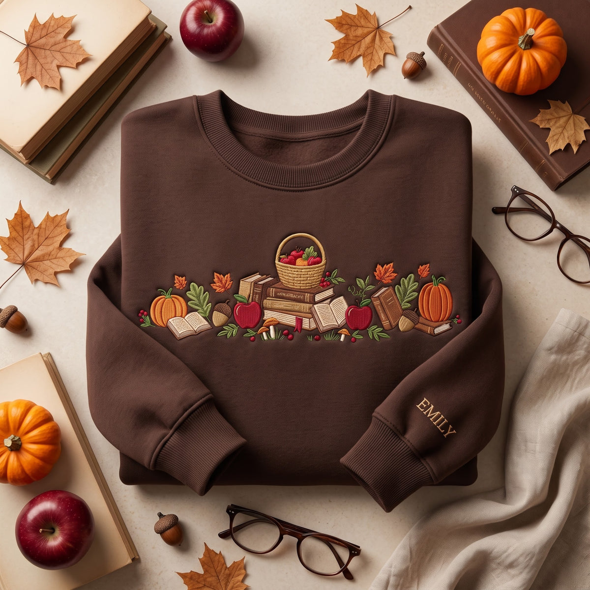 Fall Books Apple Basket Pumpkins Custom Name embroidered sweatshirt — front view