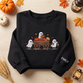 Ghost Trio Pumpkin Wagon Custom Name embroidered sweatshirt — front view