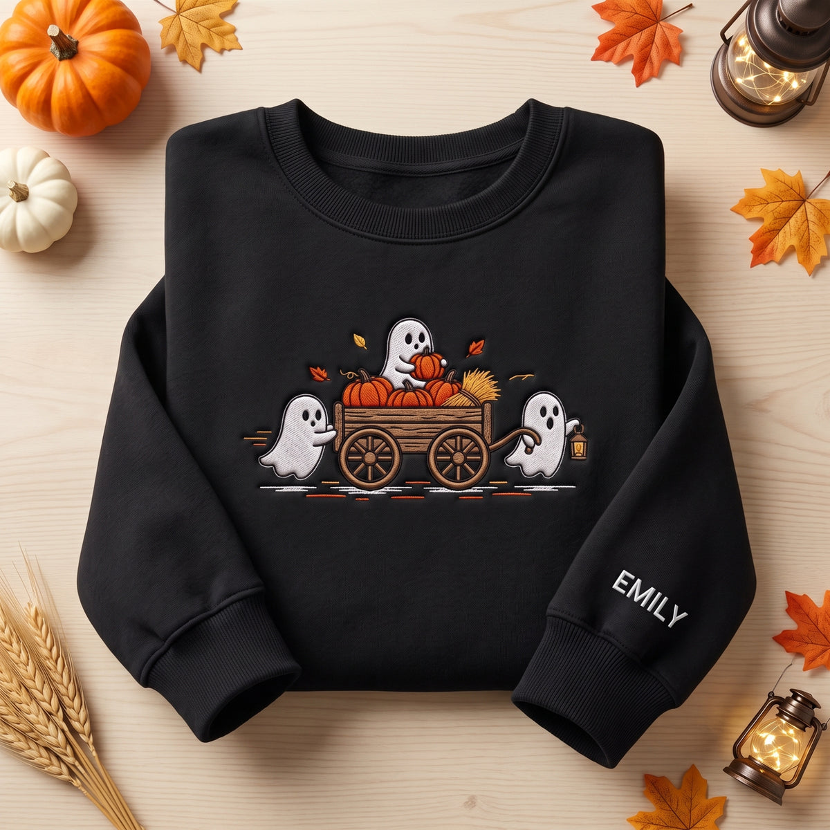 Ghost Trio Pumpkin Wagon Custom Name embroidered sweatshirt — front view