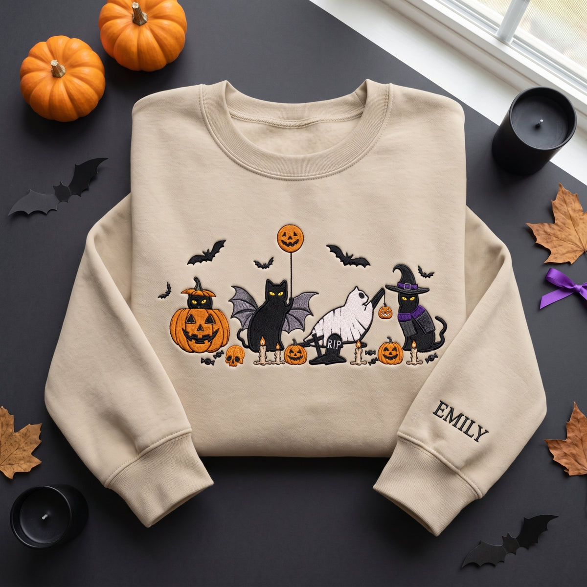 Halloween Cats Pumpkin Graveyard Custom Name embroidered sweatshirt — front view