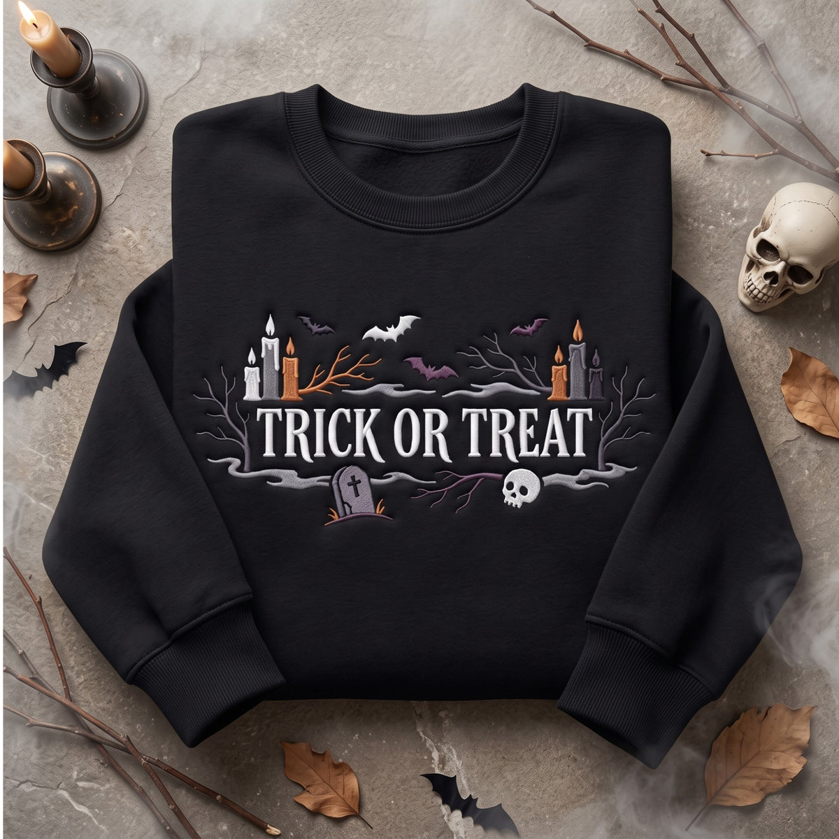 Trick or Treat Candles Graveyard Bats embroidered sweatshirt — front view