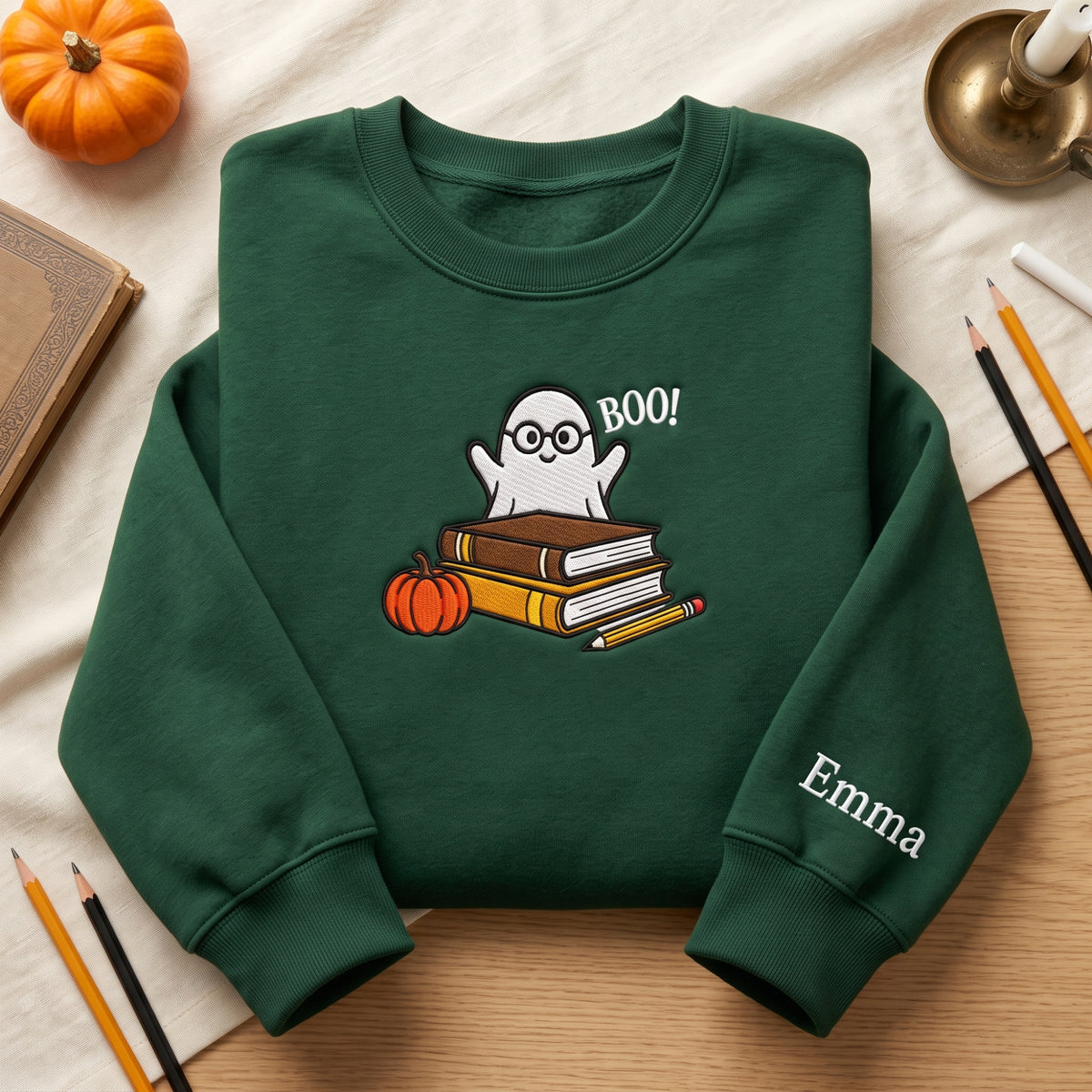 Boo Ghost Books Pumpkin Teacher Custom Name embroidered sweatshirt — front view