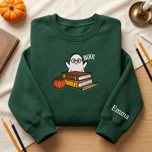 Boo Ghost Books Pumpkin Teacher Custom Name embroidered sweatshirt — front view