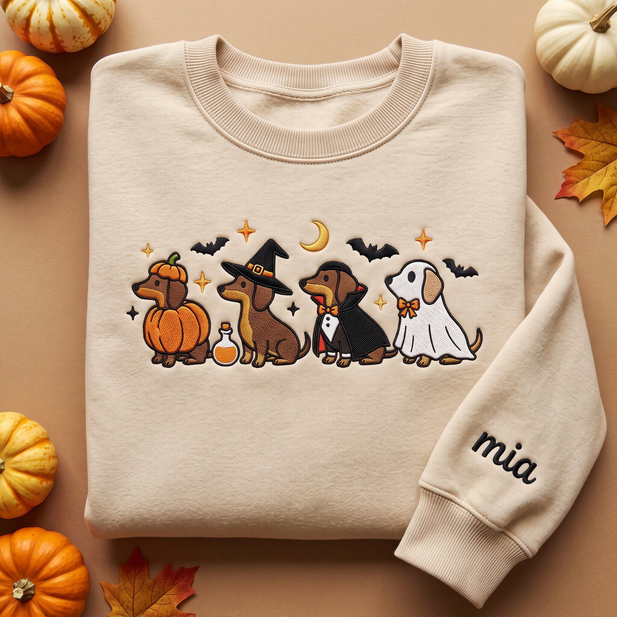 Dachshund Halloween Pumpkin Ghost Custom Name Sweatshirt embroidered sweatshirt — front view