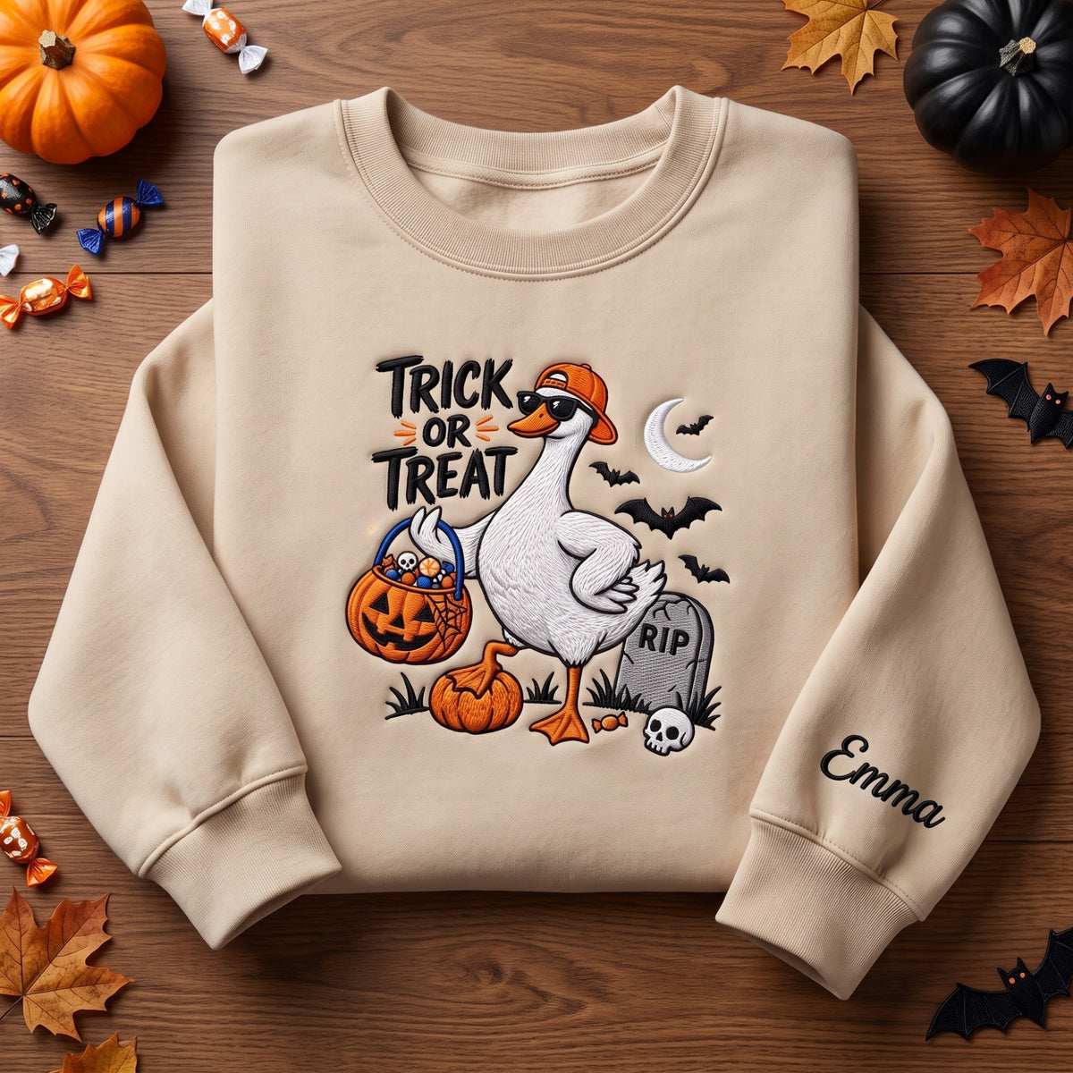 Trick or Treat Goose Pumpkin Custom Name Sweatshirt embroidered sweatshirt — front view