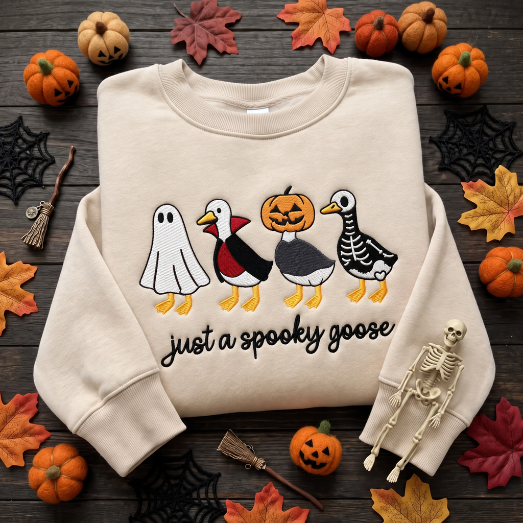 Just a Spooky Goose Four Costumes embroidered sweatshirt — front view