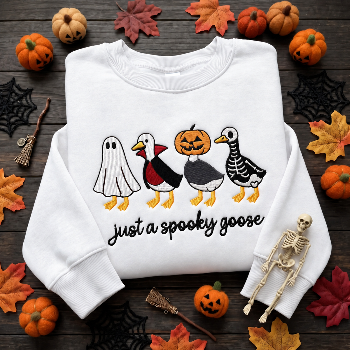 Just a Spooky Goose Four Costumes embroidered sweatshirt — chest embroidery