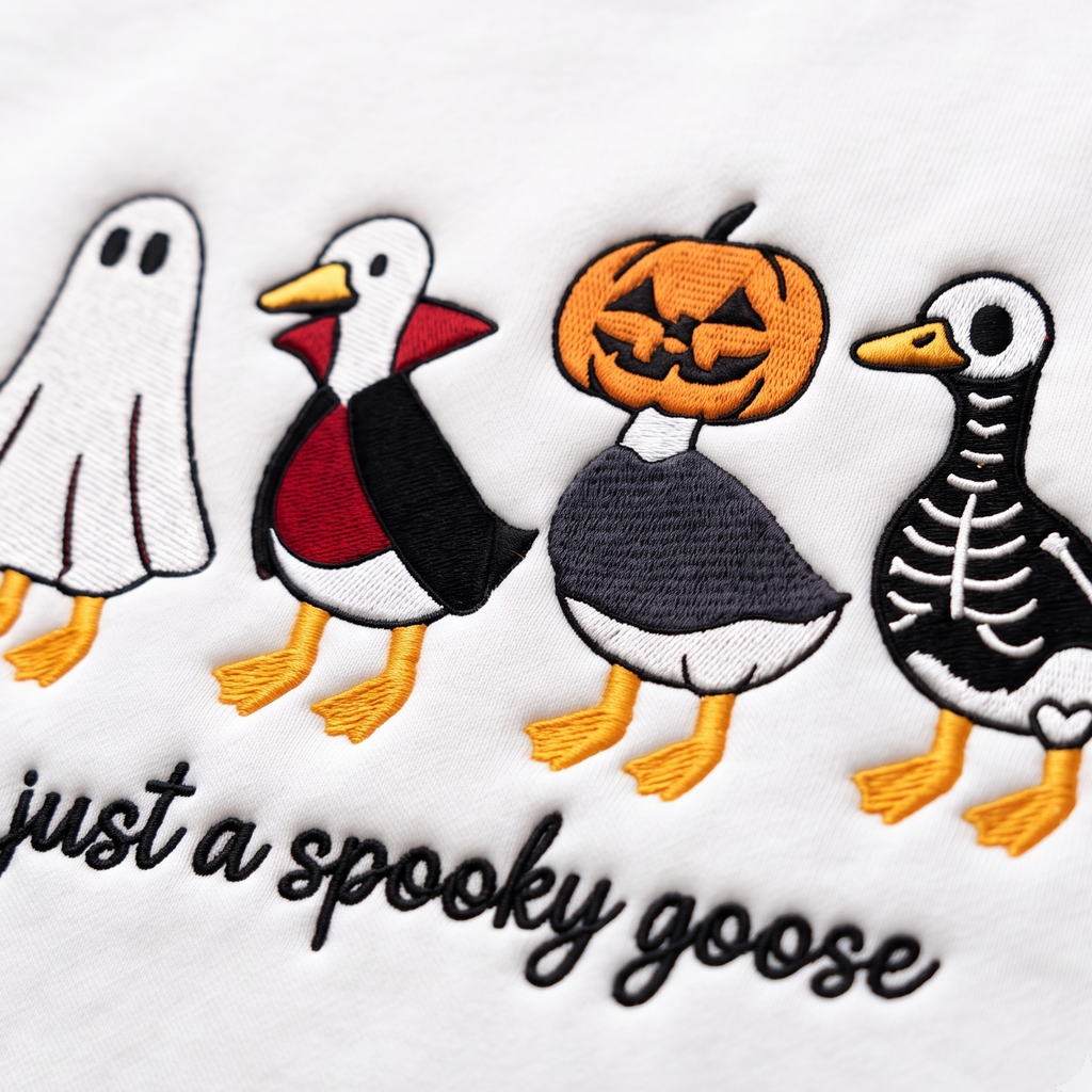 Just a Spooky Goose Four Costumes embroidered sweatshirt — front view