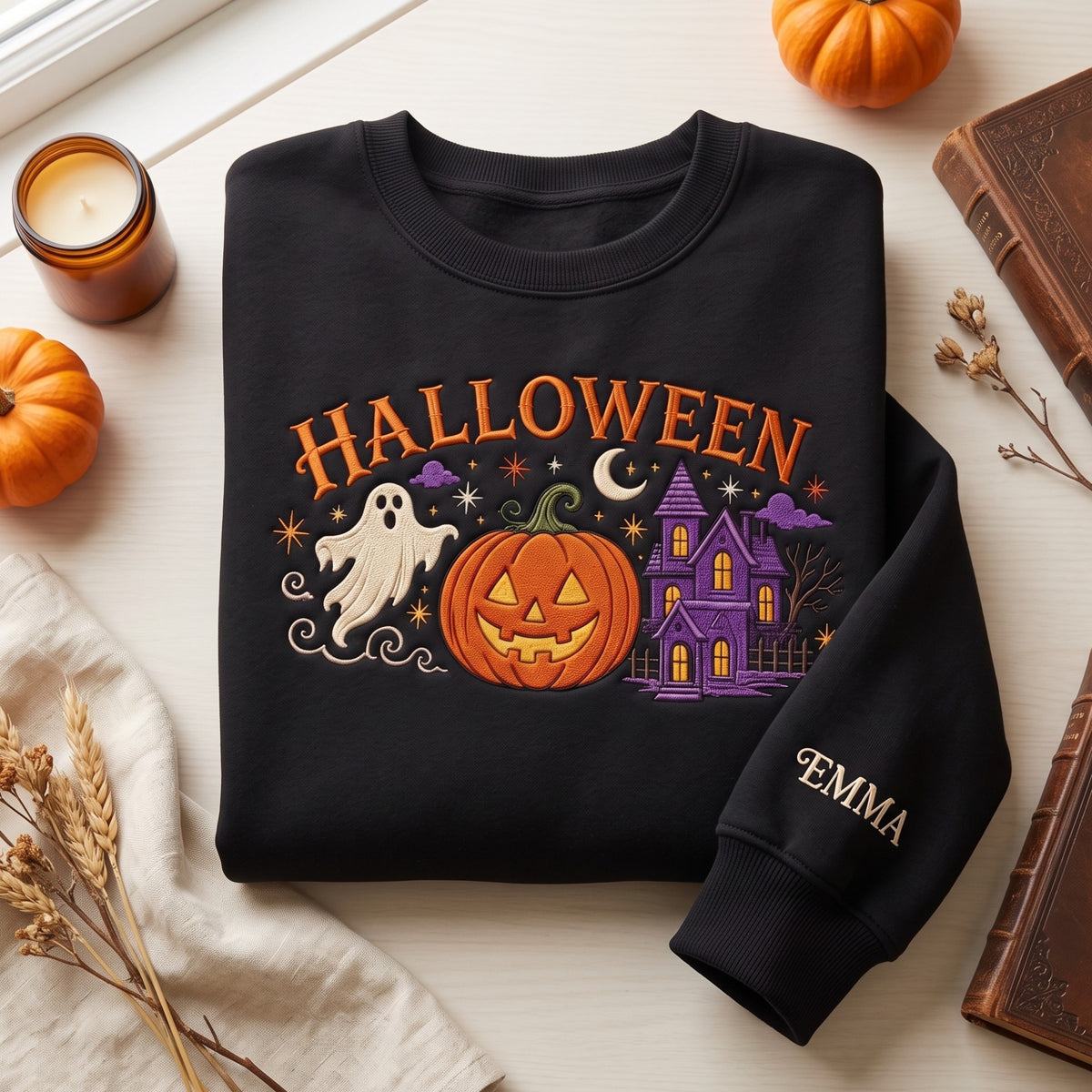Halloween Ghost Haunted House Custom Name Sweatshirt embroidered sweatshirt — front view