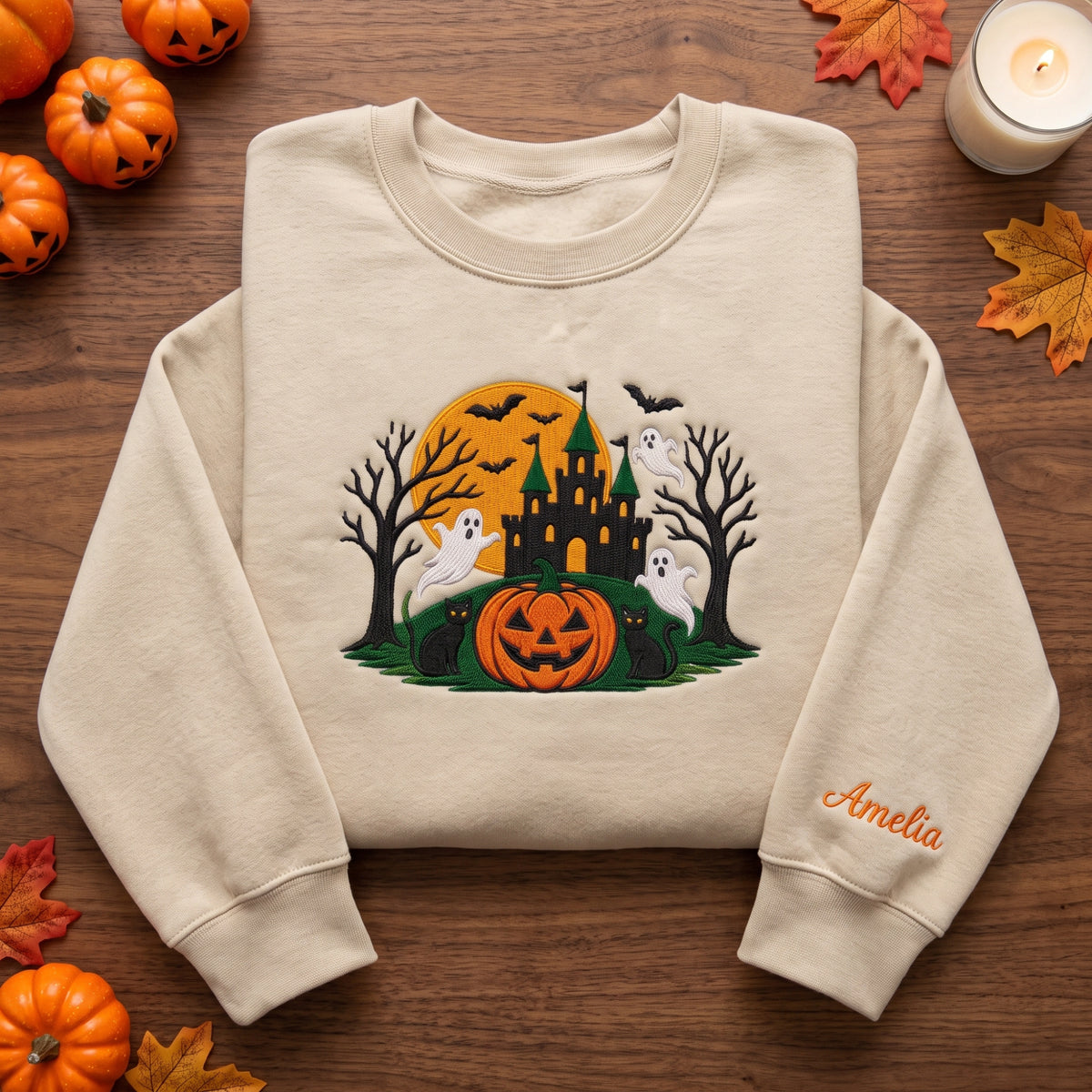 Haunted Castle Black Cat Ghost Custom Name Sweatshirt embroidered sweatshirt in Black — front view