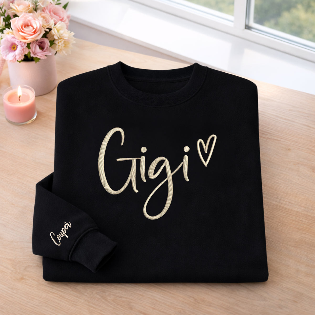 Gigi Script Heart Custom Grandkid Name embroidered sweatshirt — front view