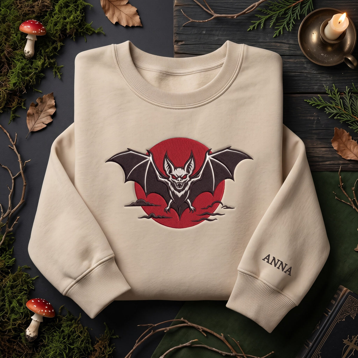 Vampire Bat Blood Moon Custom Name embroidered sweatshirt — front view
