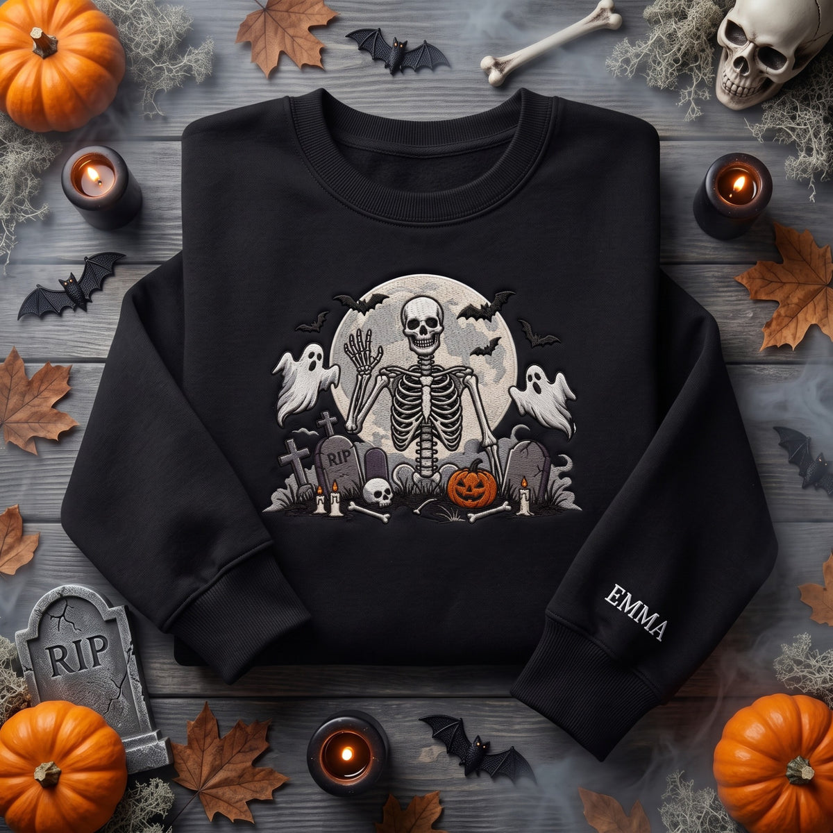 Skeleton Full Moon Graveyard Ghosts Custom Name embroidered sweatshirt — front view