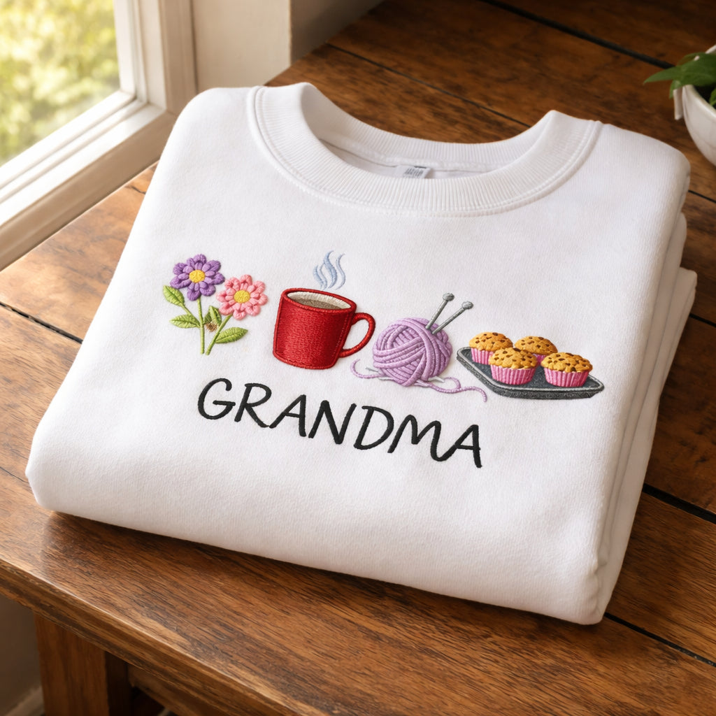Grandma Coffee Mug Yarn Ball Muffin Tray embroidered sweatshirt — front view
