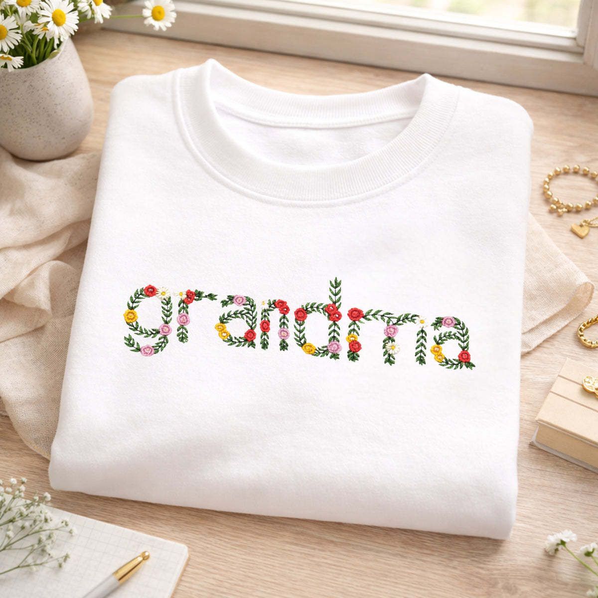 Grandma Leaf and Blossom Letterform embroidered sweatshirt — front view