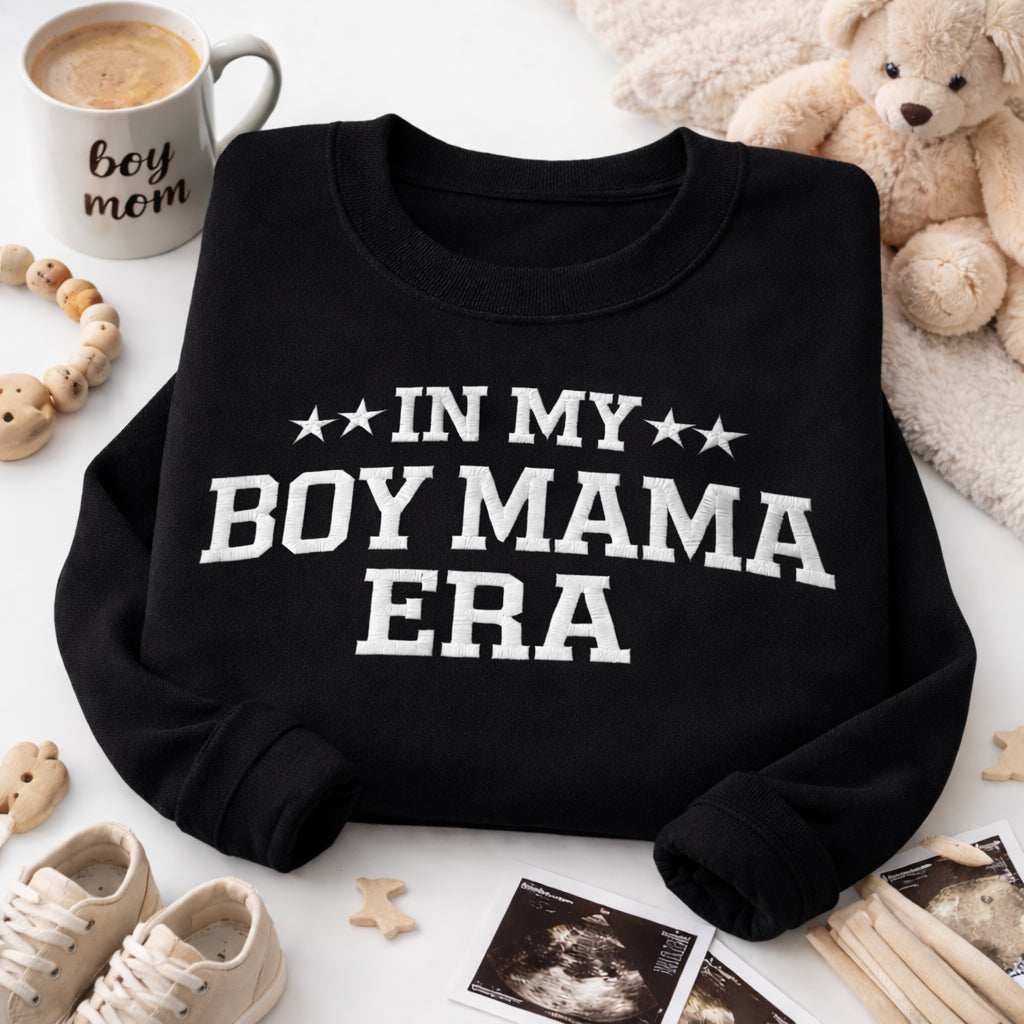In My Boy Mama Era Varsity Stars embroidered sweatshirt — front view