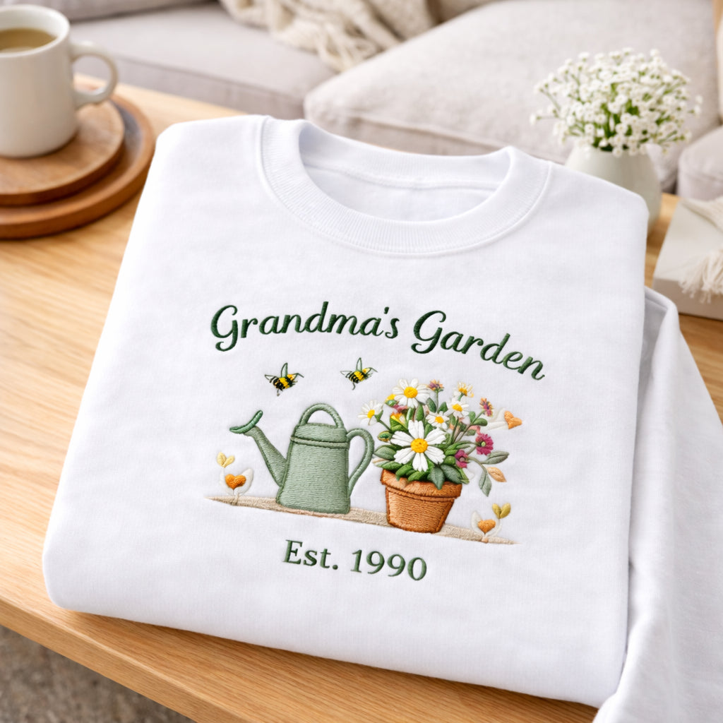 Grandmas Garden Watering Can Flower Pot Bees EST Year embroidered sweatshirt — front view