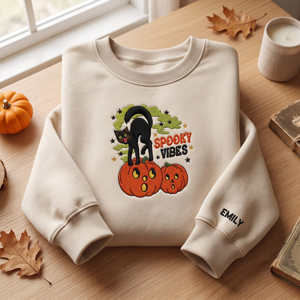 Spooky Vibes Black Cat Jack O Lantern Custom Sweatshirt embroidered sweatshirt in Black — front view