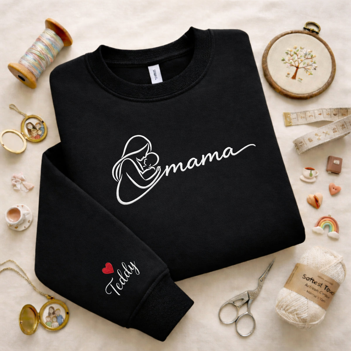 Mama Line Art Custom Kid Name embroidered sweatshirt — front view