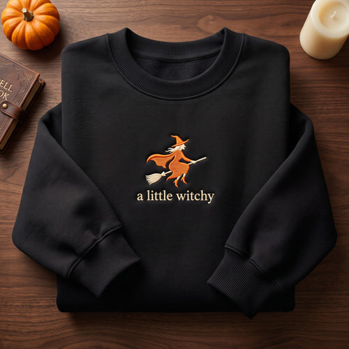 A Little Witchy Flying Witch Broomstick embroidered sweatshirt — front view