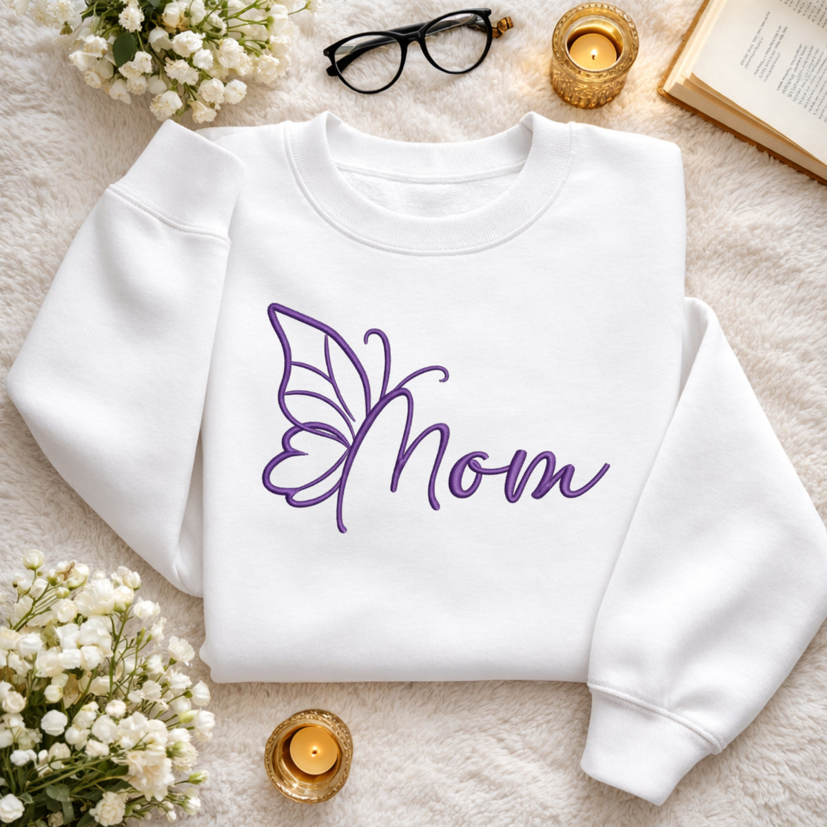 Mom Butterfly Wing Script embroidered sweatshirt — front view