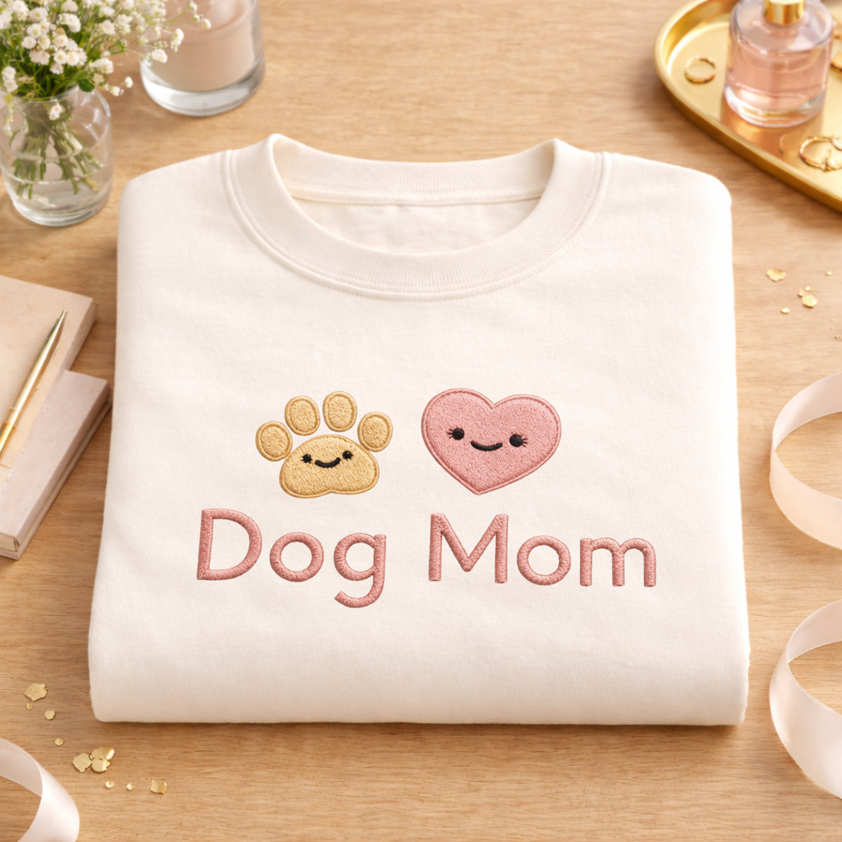 Dog Mom Kawaii Paw Heart Smiley embroidered sweatshirt — front view