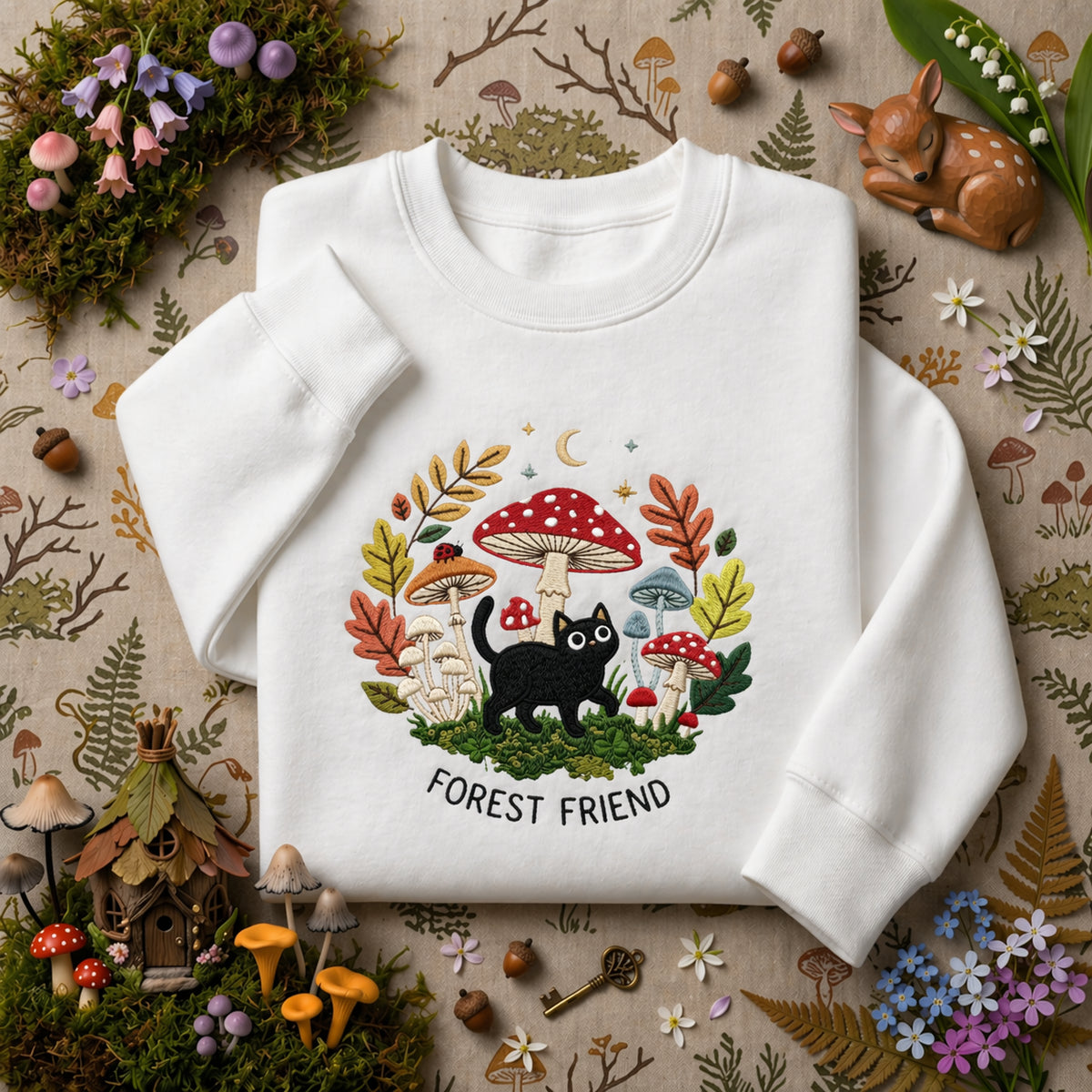 Forest Friend Black Cat Toadstool Wreath embroidered sweatshirt — front view