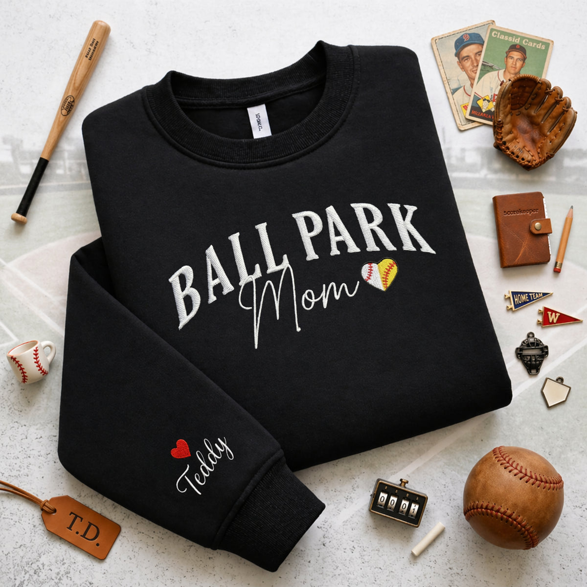 Ball Park Mom Baseball Softball Heart Custom Name embroidered sweatshirt — front view