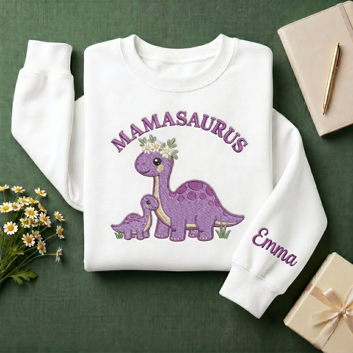 Mamasaurus Purple Dino and Baby Custom Name embroidered sweatshirt — front view