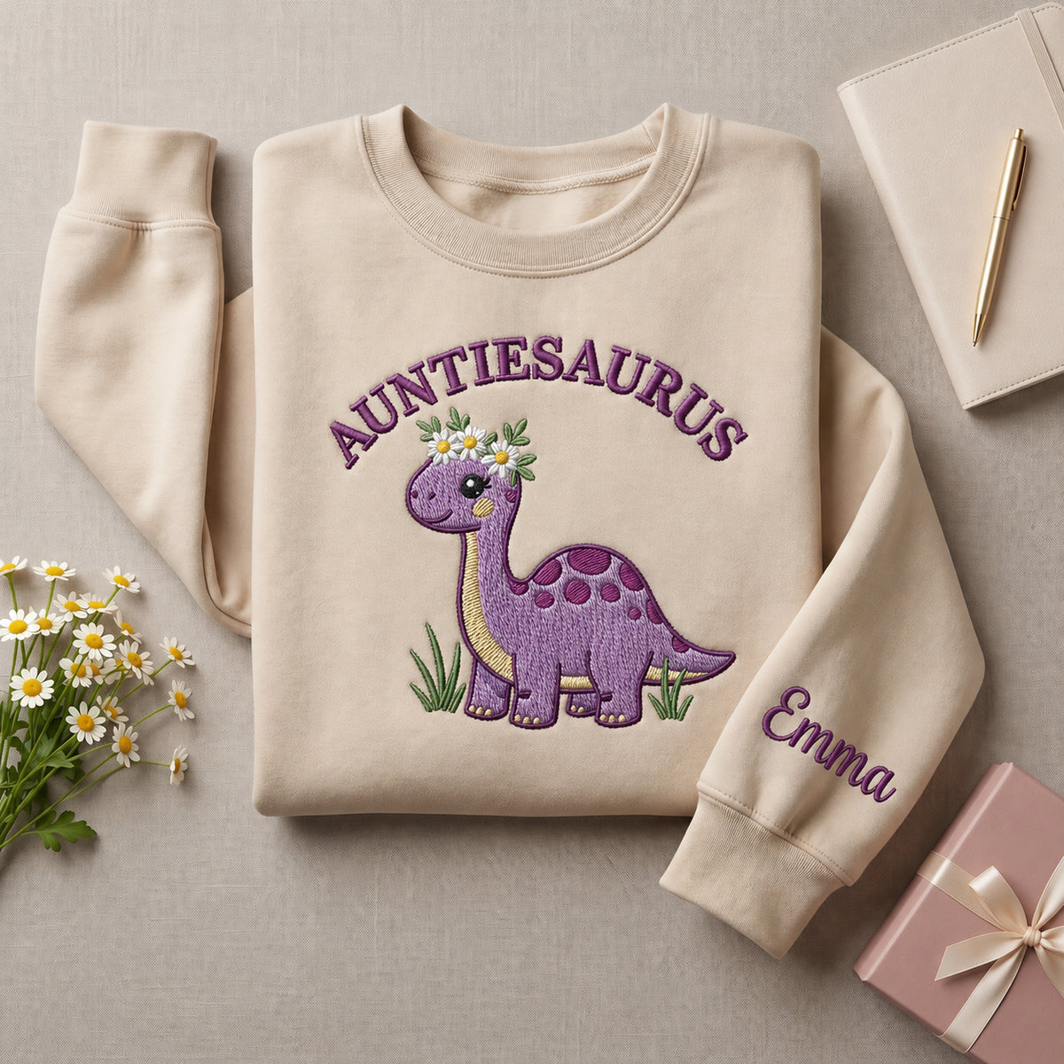 Auntiesaurus Purple Dino Daisy Crown Custom Name embroidered sweatshirt — front view