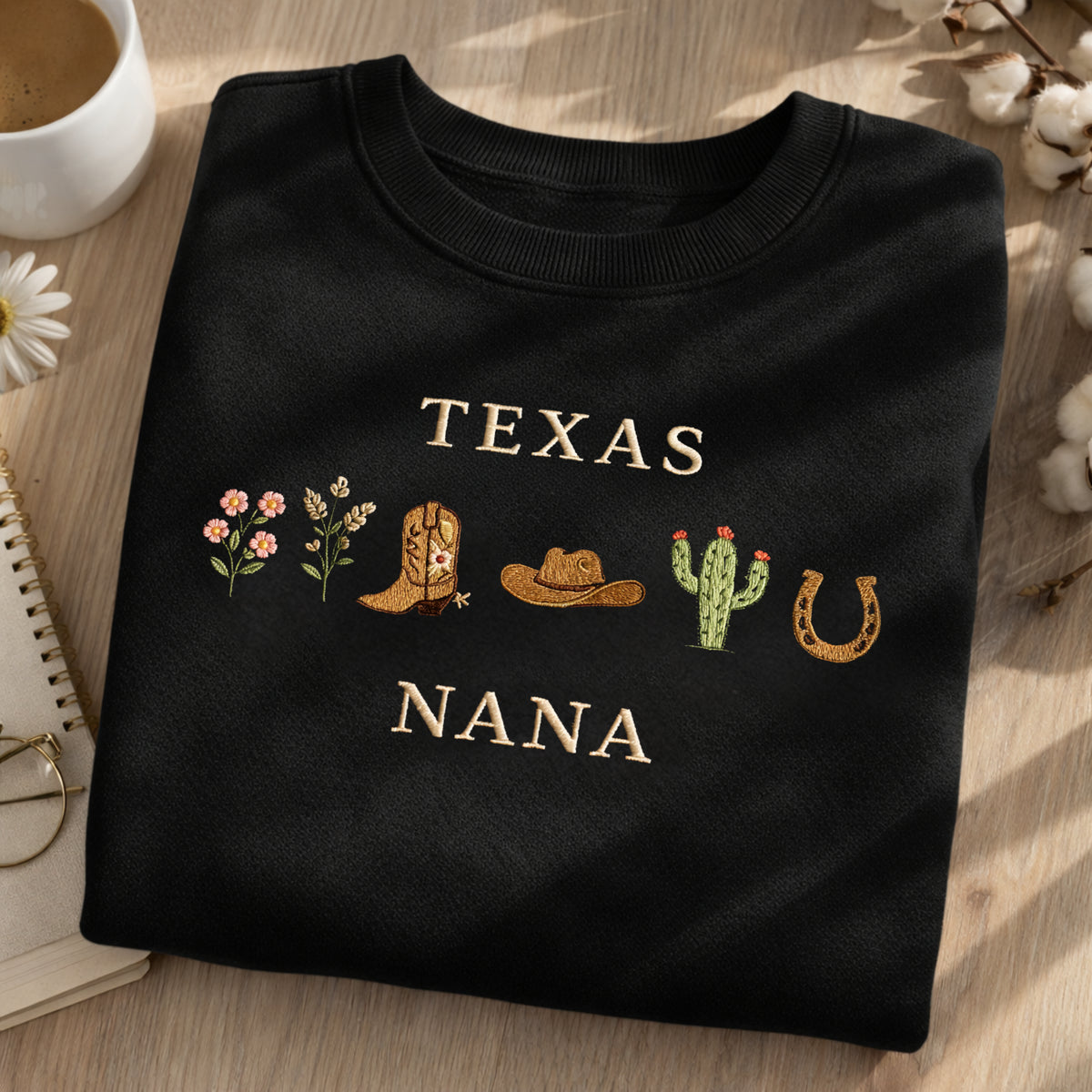Texas Nana Cowboy Boot Cactus Horseshoe embroidered sweatshirt — front view