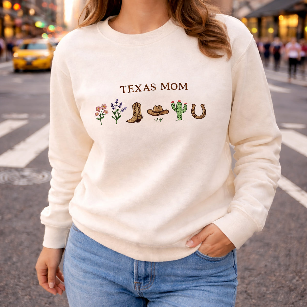 Texas Mom Cowboy Boot Cactus Horseshoe embroidered sweatshirt — front view