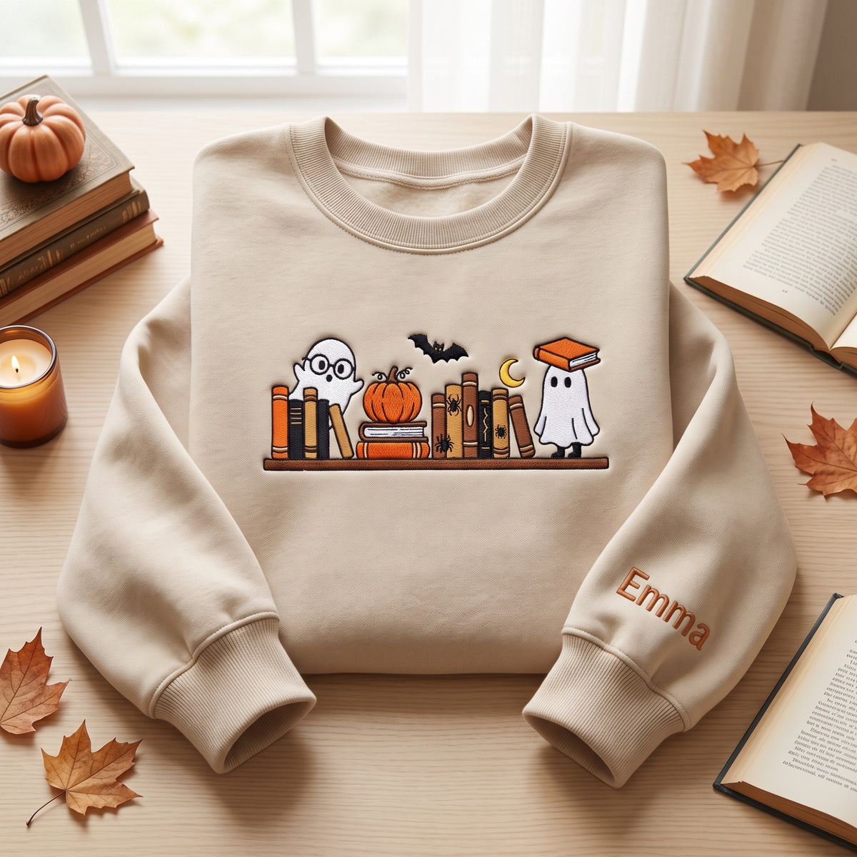 Halloween Ghost Book Shelf Pumpkin Custom Name embroidered sweatshirt — front view