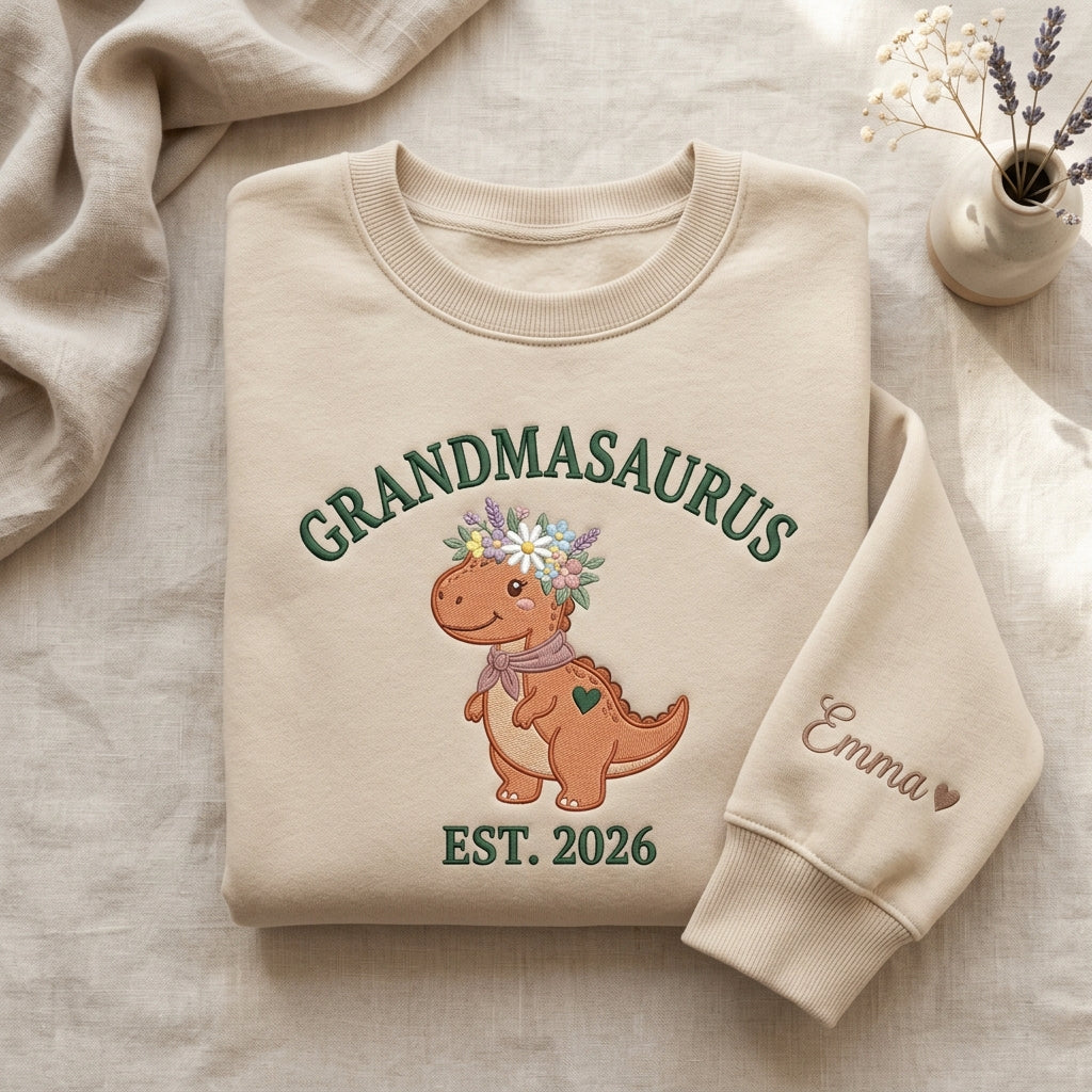 Grandmasaurus EST Year Custom Grandkid Name Floral Dino embroidered sweatshirt — front view