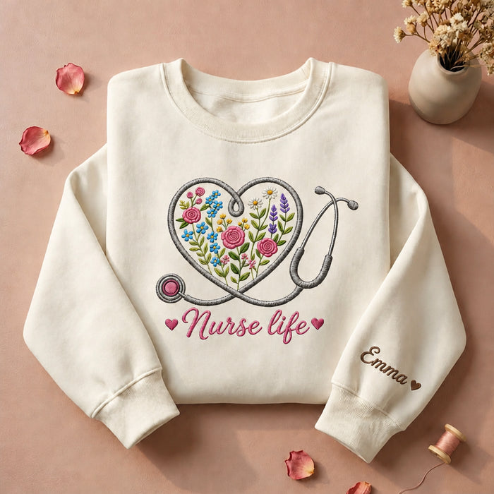 Nurse Life Stethoscope Heart Wildflower Custom Name Embroidered Sweatshirt