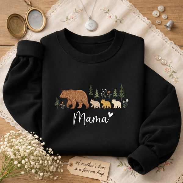 Mama and Her Three Cubs Wildflower Pine Forest embroidered sweatshirt — front view