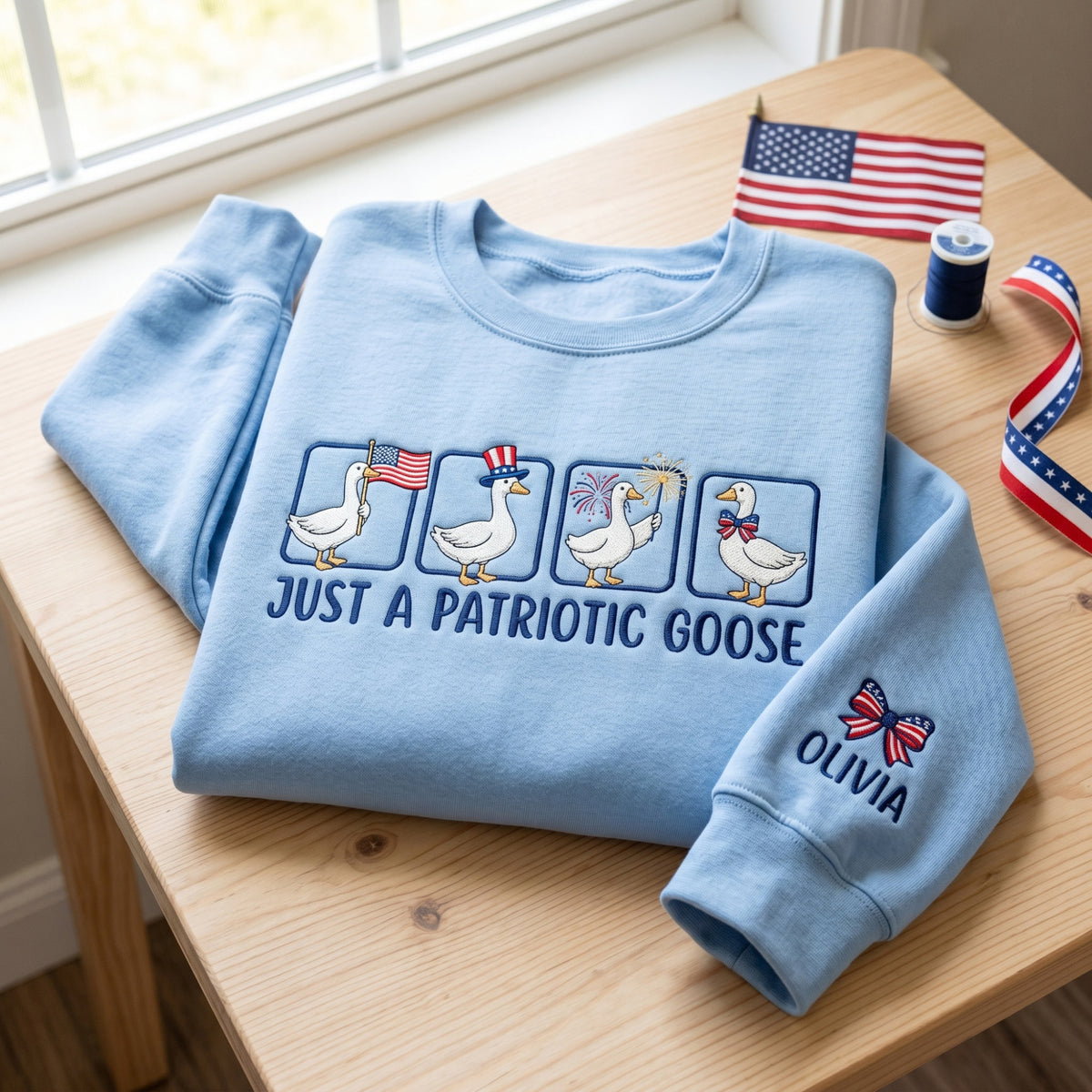 Personalized Just a Patriotic Goose Fourth of July embroidered sweatshirt — front view