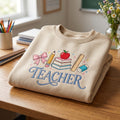 Personalized Teacher Coquette Bow School Supplies embroidered sweatshirt — front view